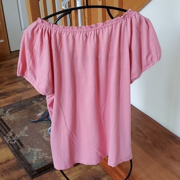 Chaps Cinched Ruffled Lace Neckline Salmon Short Sleeve Sz. L Top - Picture 4 of 7